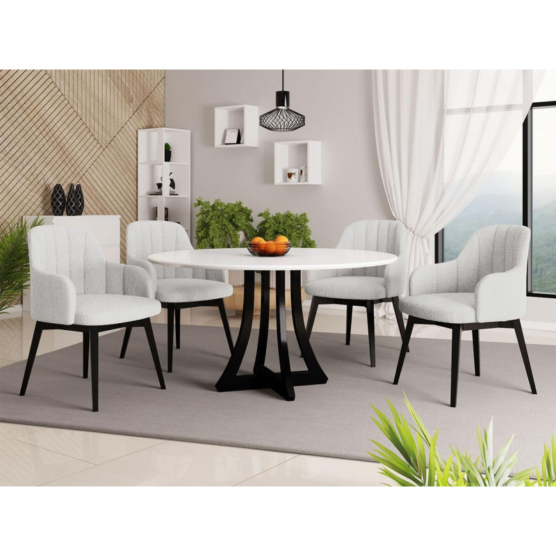 Kulatý jídelní stůl 120 cm se 4 židlemi TULZA 2 - lesklý černobílý / bílý