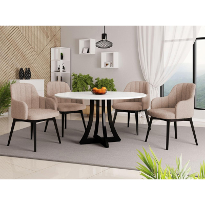Kulatý jídelní stůl 120 cm se 4 židlemi TULZA 2 - lesklý černobílý / béžový