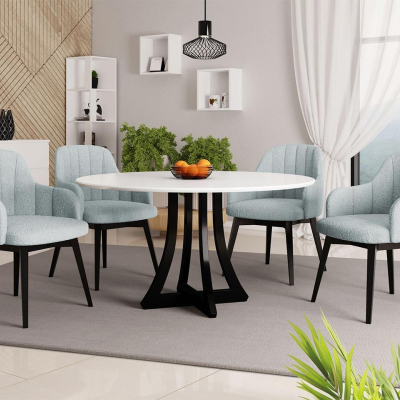 Kulatý jídelní stůl 100 cm se 4 židlemi TULZA 2 - lesklý černobílý / modrý