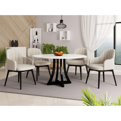 Kulatý jídelní stůl 100 cm se 4 židlemi TULZA 2 - lesklý černobílý / krémový
