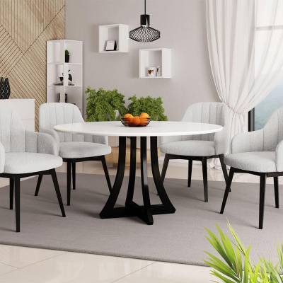 Kulatý jídelní stůl 100 cm se 4 židlemi TULZA 2 - lesklý černobílý / bílý