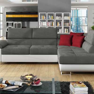 Rohová rozkládací sedačka SAN DIEGO - bílá ekokůže / šedá / červená, pravý roh