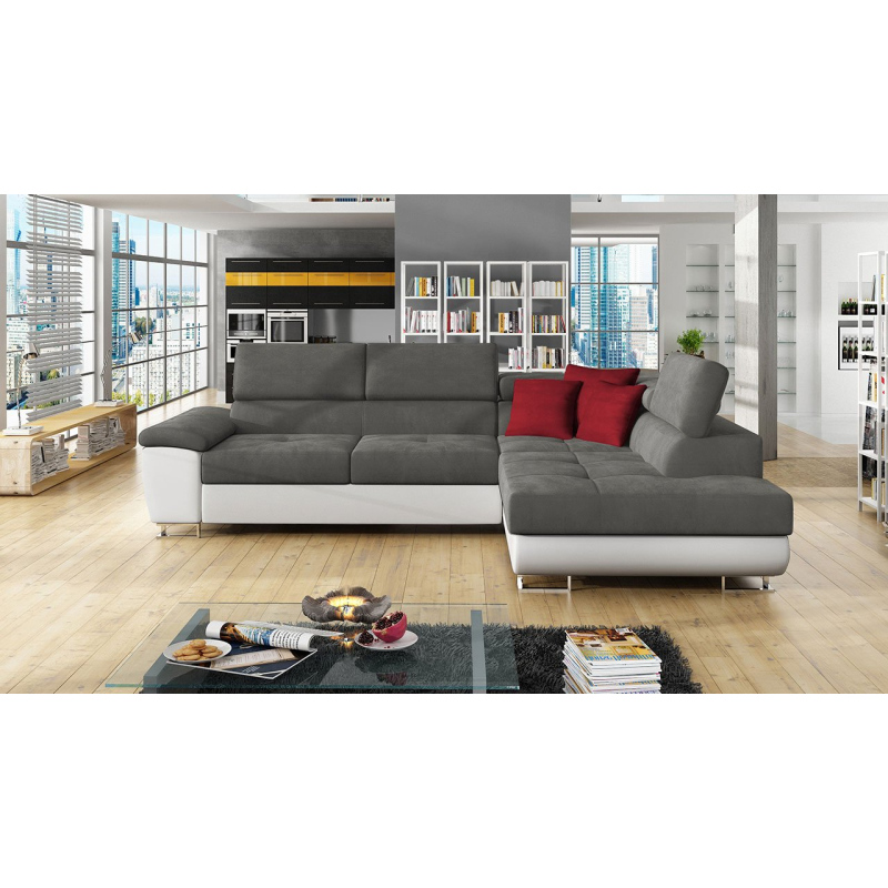 Rohová rozkládací sedačka SAN DIEGO - bílá ekokůže / šedá / červená, pravý roh