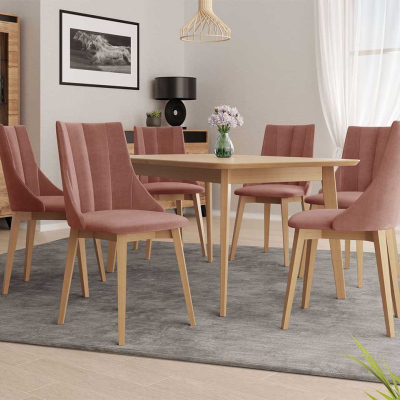 Rozkládací jídelní stůl se 6 židlemi NOWEN 2 - přírodní dřevo / růžový