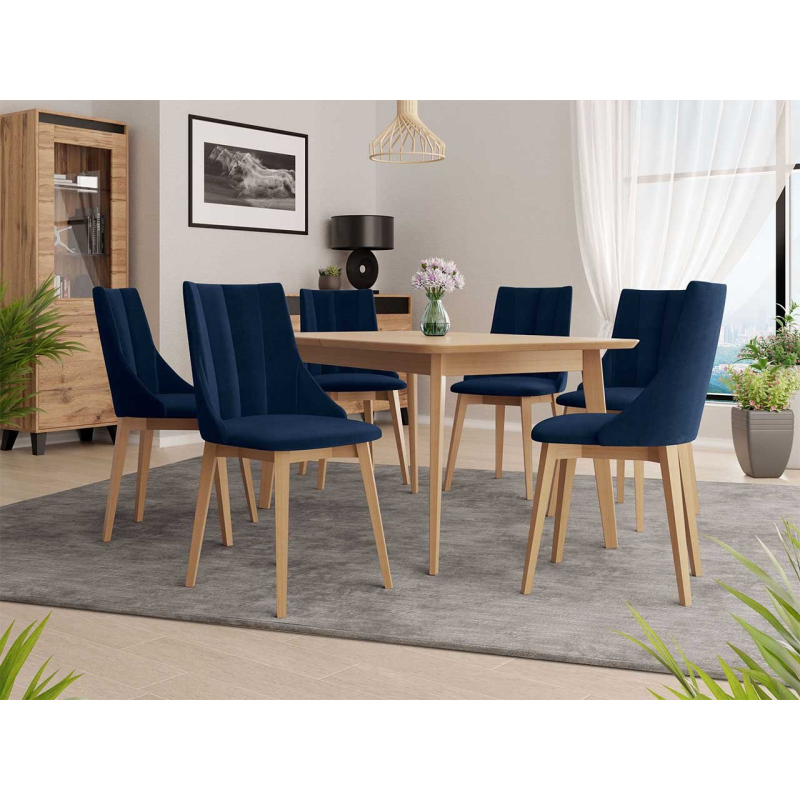 Rozkládací jídelní stůl se 6 židlemi NOWEN 2 - přírodní dřevo / modrý