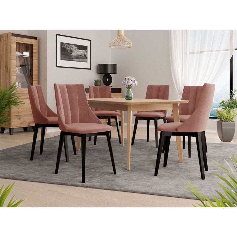 Rozkládací jídelní stůl se 6 židlemi NOWEN 2 - přírodní dřevo / černý / růžový