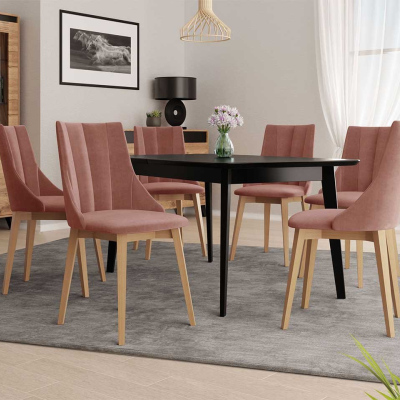 Rozkládací jídelní stůl se 6 židlemi NOWEN 2 - černý / přírodní dřevo / růžový