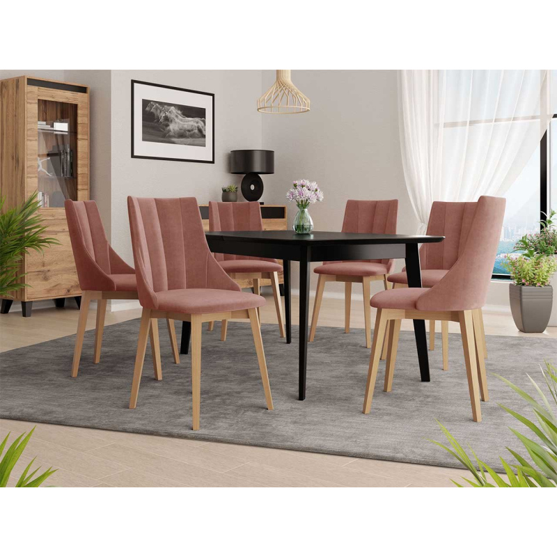 Rozkládací jídelní stůl se 6 židlemi NOWEN 2 - černý / přírodní dřevo / růžový