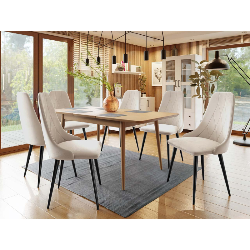 Rozkládací jídelní stůl se židlemi OLMIO 2 - přírodní dřevo / černý / béžový