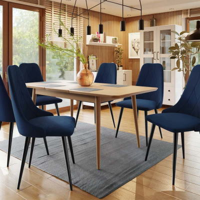Rozkládací jídelní stůl se židlemi OLMIO 2 - přírodní dřevo / černý / modrý