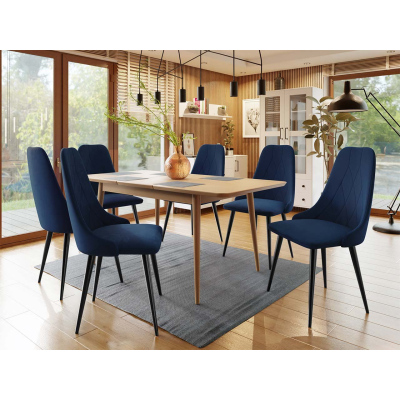Rozkládací jídelní stůl se židlemi OLMIO 2 - přírodní dřevo / černý / modrý