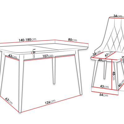 Rozkládací jídelní stůl se židlemi OLMIO 2 - černý / růžový