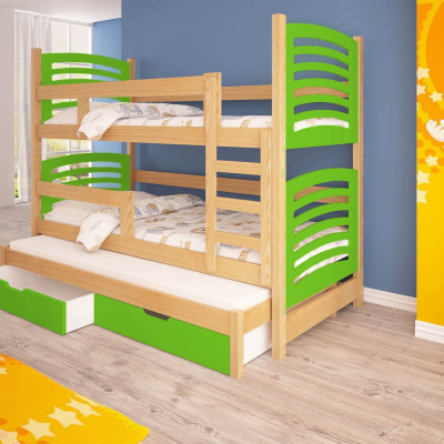 Dětská patrová postel pro tři KALA 2 - 75x180, borovice / zelená