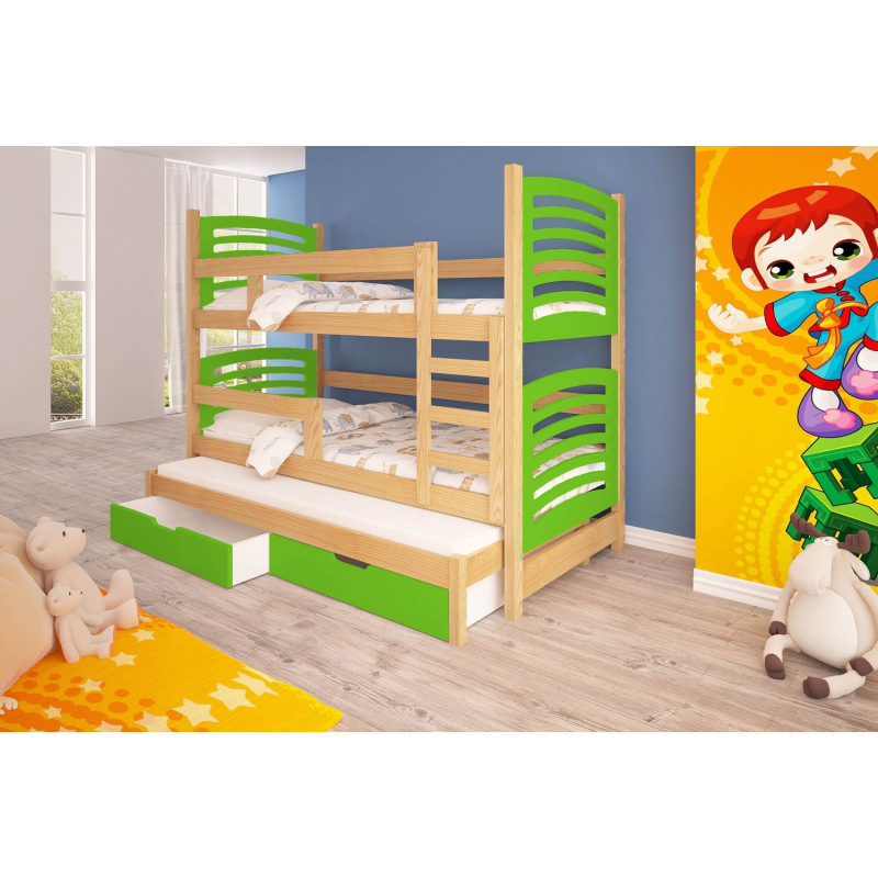 Dětská patrová postel pro tři KALA 2 - 75x180, borovice / zelená
