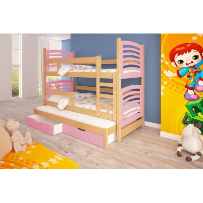 Dětská patrová postel pro tři KALA 2 - 75x180, borovice / růžová