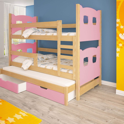 Dětská patrová postel pro tři KALA 1 - 75x180, borovice / růžová
