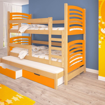 Dětská patrová postel pro tři KALA 2 - 75x180, borovice / oranžová