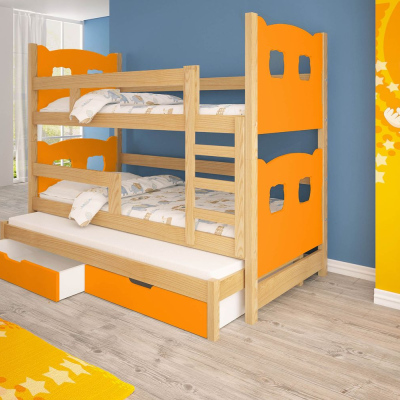Dětská patrová postel pro tři KALA 1 - 75x180, borovice / oranžová