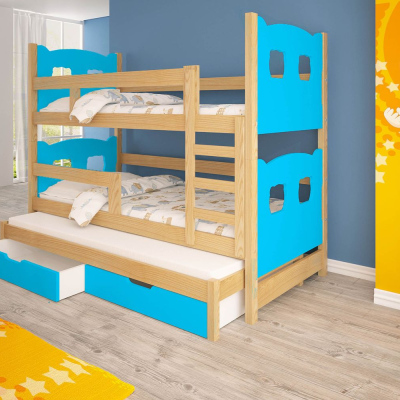 Dětská patrová postel pro tři KALA 1 - 75x180, borovice / modrá
