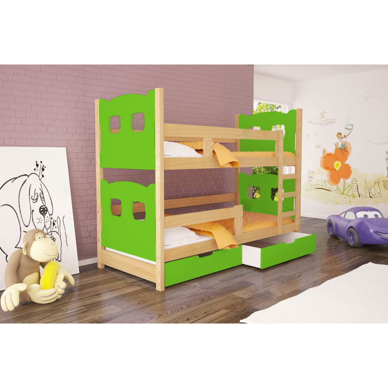 Patrová postel s úložným prostorem KALA 1 - 75x180, borovice / zelená
