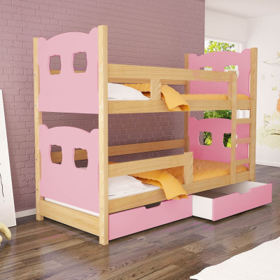 Patrová postel s úložným prostorem KALA 1 - 75x180, borovice / růžová