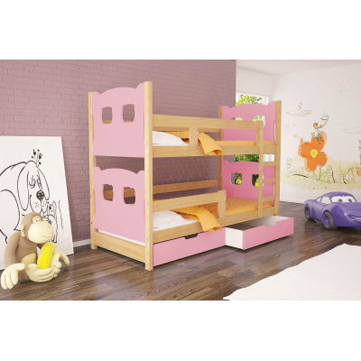 Patrová postel s úložným prostorem KALA 1 - 75x180, borovice / růžová