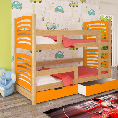 Patrová postel s úložným prostorem KALA 2 - 75x180, borovice / oranžová