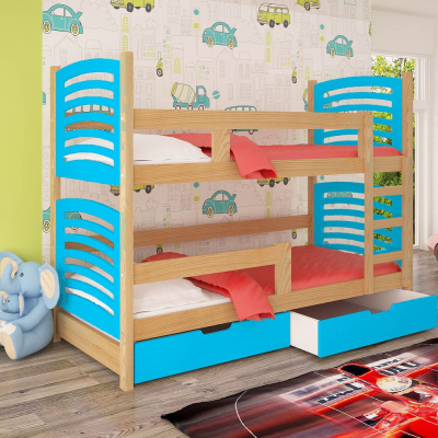 Patrová postel s úložným prostorem KALA 2 - 75x180, borovice / modrá