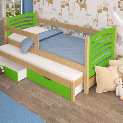 Dětská postel s přistýlkou KALA 2 - 75x180, borovice / zelená
