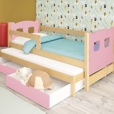Dětská postel s přistýlkou KALA 1 - 75x180, borovice / růžová