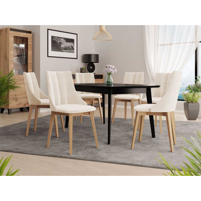 Rozkládací jídelní stůl se 6 židlemi NOWEN 2 - černý / přírodní dřevo / béžový