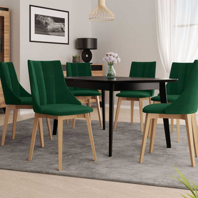 Rozkládací jídelní stůl se 6 židlemi NOWEN 2 - černý / přírodní dřevo / zelený