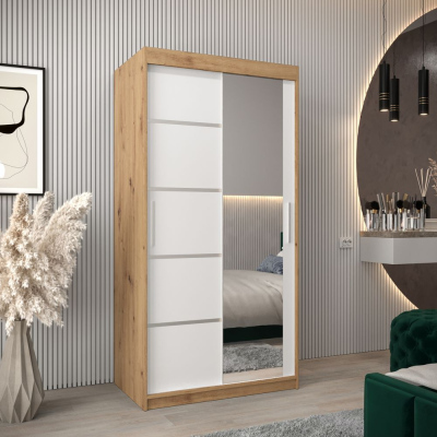 Šatní zrcadlová skříň ADELA - 100 cm, dub artisan / bílá