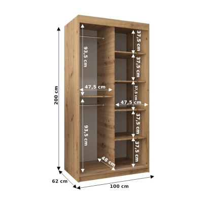 Šatní zrcadlová skříň ADELA - 100 cm, dub artisan