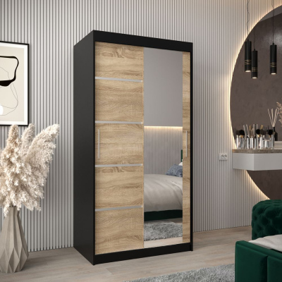 Šatní zrcadlová skříň ADELA - 100 cm, černá / dub sonoma