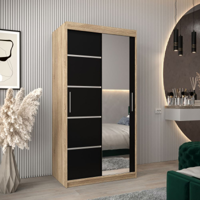 Šatní zrcadlová skříň ADELA - 100 cm, dub sonoma / černá