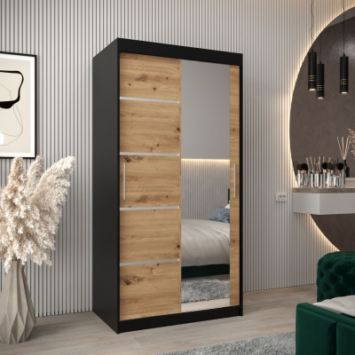 Šatní zrcadlová skříň ADELA - 100 cm, černá / dub artisan