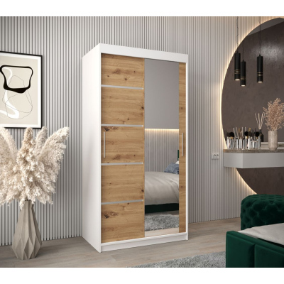 Šatní zrcadlová skříň ADELA - 100 cm, bílá / dub artisan