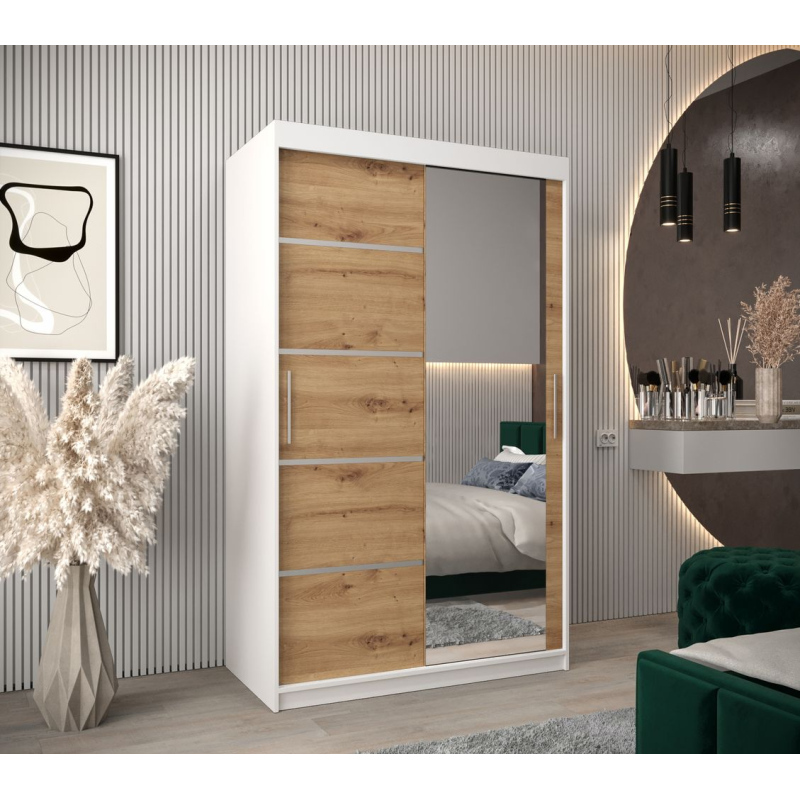 Šatní zrcadlová skříň ADELA - 120 cm, bílá / dub artisan