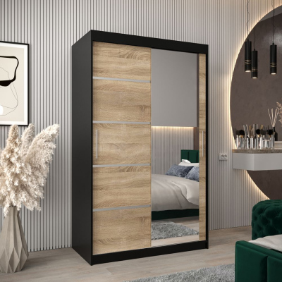 Šatní zrcadlová skříň ADELA - 120 cm, černá / dub sonoma