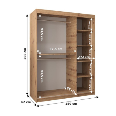Šatní zrcadlová skříň ADELA - 150 cm, bílá / dub sonoma