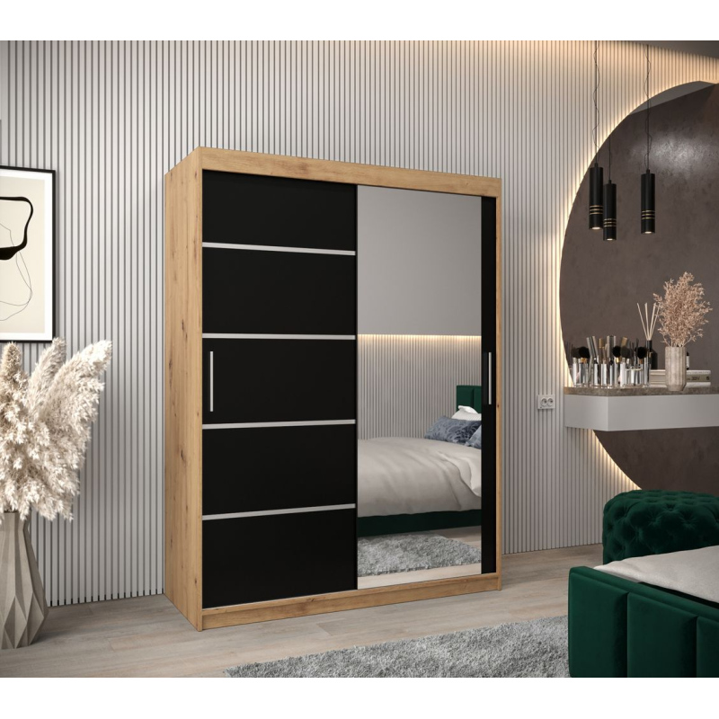 Šatní zrcadlová skříň ADELA - 150 cm, dub artisan / černá