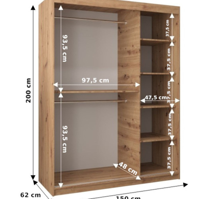 Šatní zrcadlová skříň ADELA - 150 cm, bílá / černá