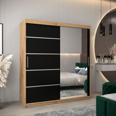 Šatní zrcadlová skříň ADELA - 180 cm, dub artisan / černá