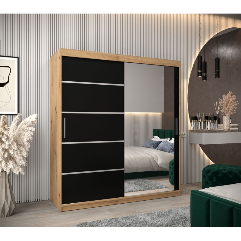 Šatní zrcadlová skříň ADELA - 180 cm, dub artisan / černá