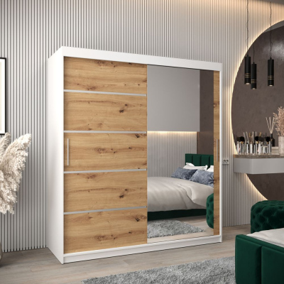 Šatní zrcadlová skříň ADELA - 180 cm, bílá / dub artisan