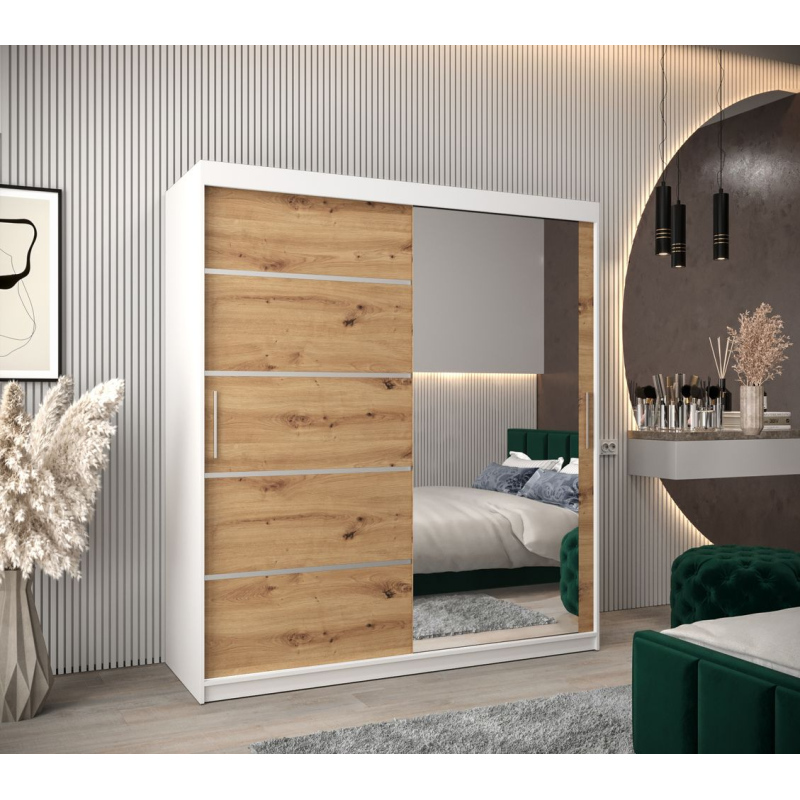 Šatní zrcadlová skříň ADELA - 180 cm, bílá / dub artisan