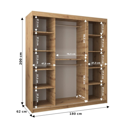 Šatní zrcadlová skříň ADELA - 180 cm, dub sonoma / černá