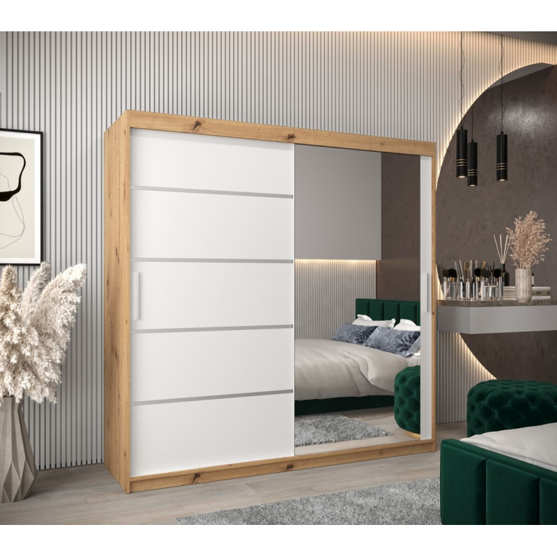 Šatní zrcadlová skříň ADELA - 200 cm, dub artisan / bílá