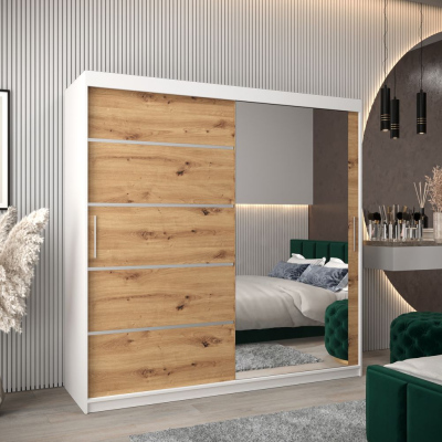 Šatní zrcadlová skříň ADELA - 200 cm, bílá / dub artisan